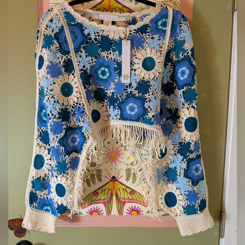 House of Harlow 1960 Blue and Cream Crochet Fringe Sweater